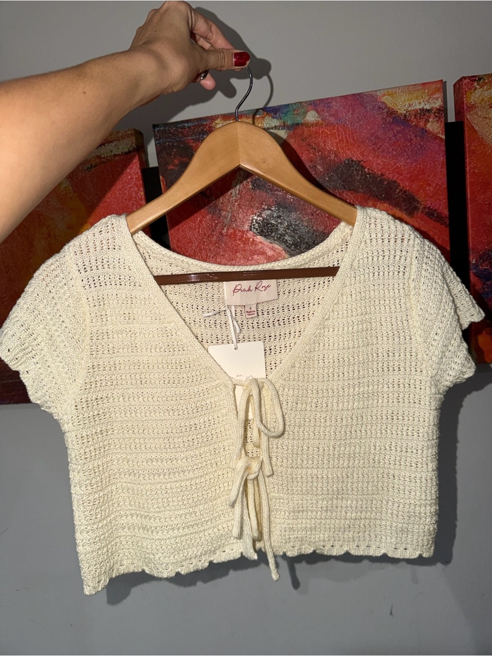 Cream Crochet Tie-Front Cropped Top. Size:S